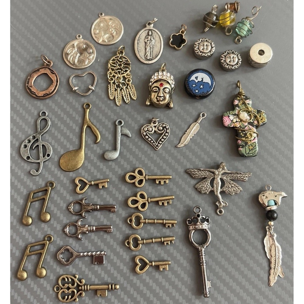 Lot of 35+ Charms Beads Keys Notes Cross Heart Feather Silver Gold Tone